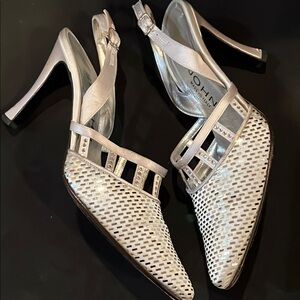 Vtg. St.John Silver Heels with Intricate Cutout Design and Sparkling Paillettes